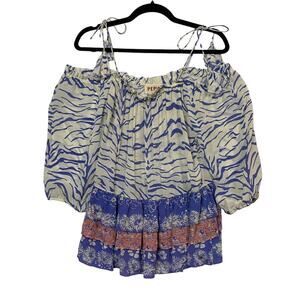 Pepin Blue Floral Ruffled Off Shoulder Top Size Small